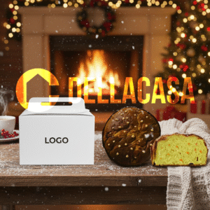 Panettone con Gocce di Caramello Salato (senza lattosio) in cellophane neutro 750gr + Astuccio con maniglia personalizzabile al 100% in quadricromia su tutti i lati